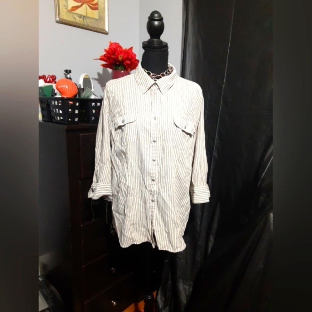 Croft & Barrow Modal Fabric Women's Shirt Button Tan Khaki Stripe Size Large